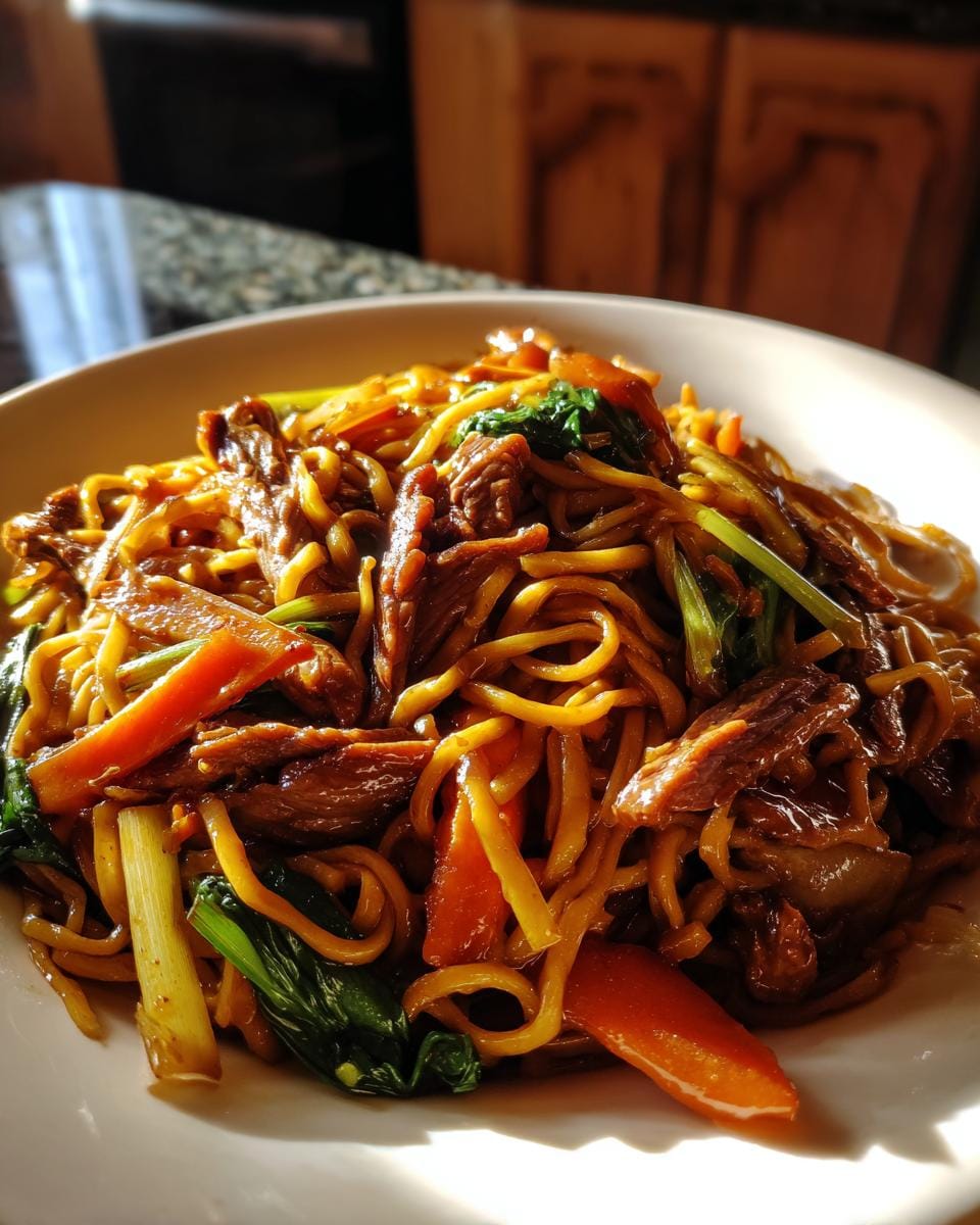 Close-up of Gebratene Nudeln mit Ente und Gemüse, featuring noodles, duck, carrots, and greens.