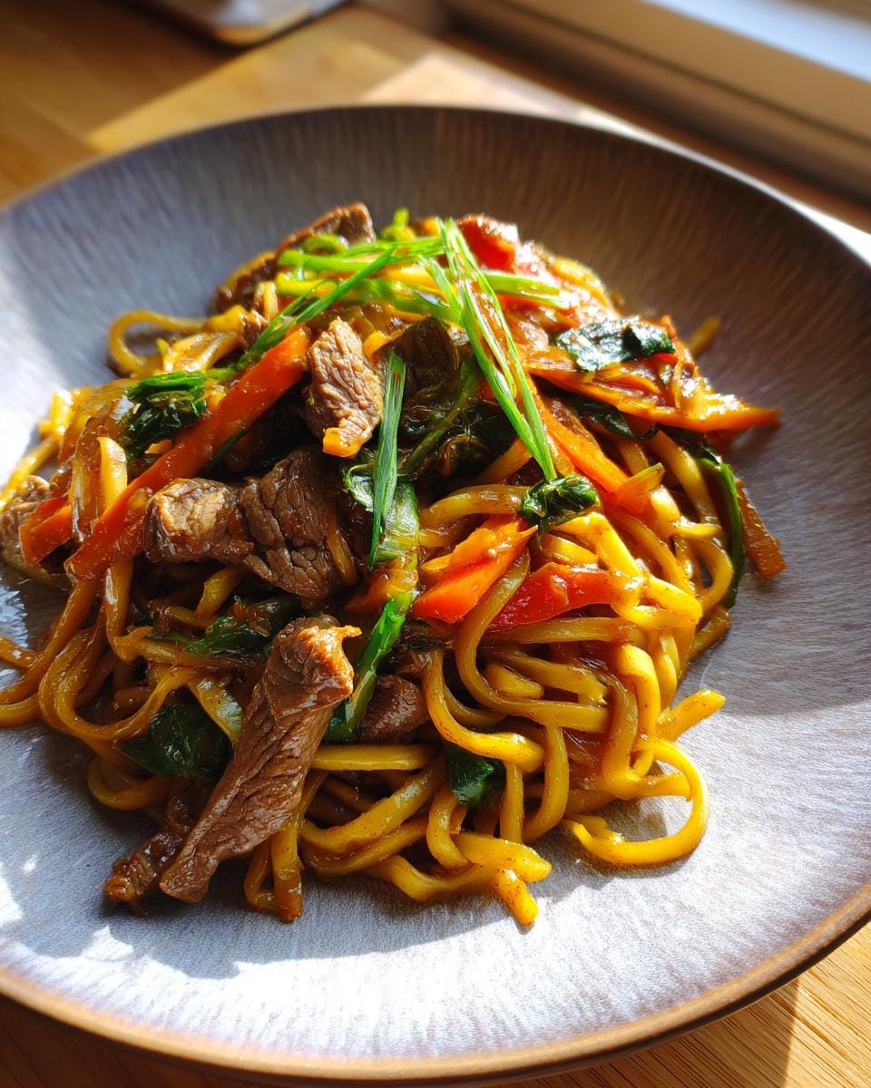 A plate of Gebratene Nudeln mit Ente und Gemüse, featuring noodles, duck, and colorful vegetables.