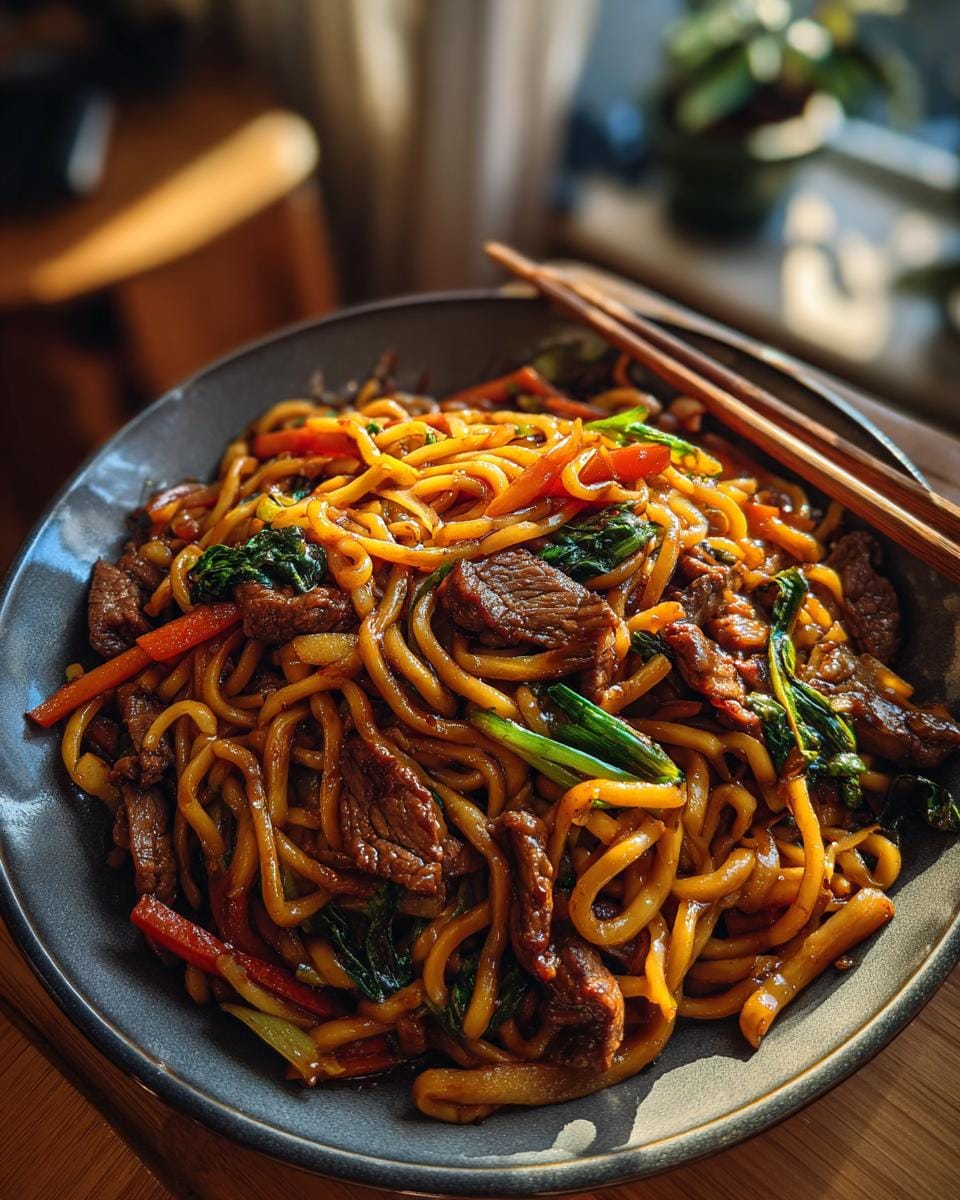 Bowl of Gebratene Nudeln mit Ente und Gemüse, with chopsticks resting on the rim.