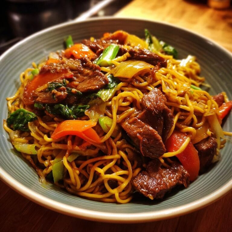 Bowl of Gebratene Nudeln mit Ente und Gemüse, featuring noodles, duck, and colorful vegetables.