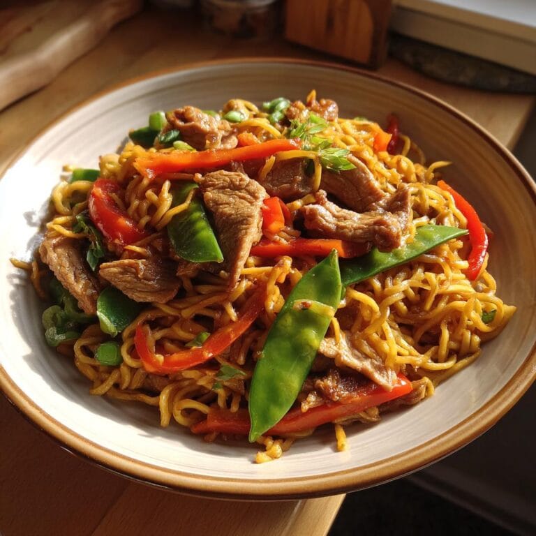 Close-up of Gebratene Nudeln mit Schweinefleisch, featuring noodles, pork, peppers, and snow peas.