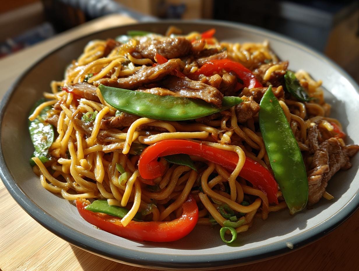 Close-up of Gebratene Nudeln mit Schweinefleisch, featuring noodles, pork, red peppers, and snow peas.