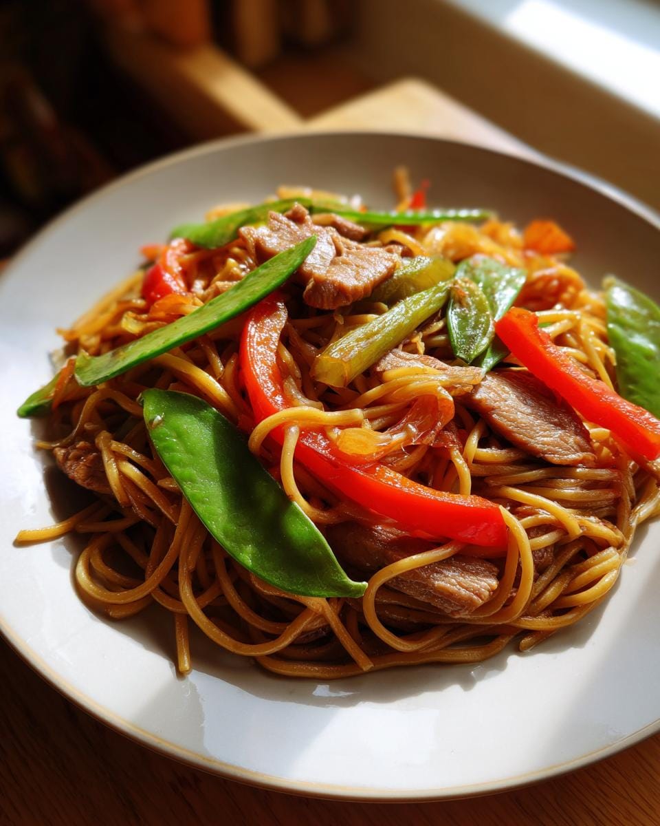 A plate of Gebratene Nudeln mit Schweinefleisch, featuring noodles, pork, red bell peppers, and snow peas.