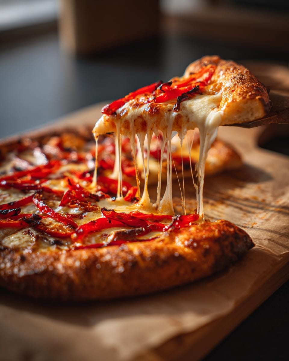 A slice of Gebratene Paprika mit Mozzarella pizza being lifted, showing melted cheese and roasted peppers.