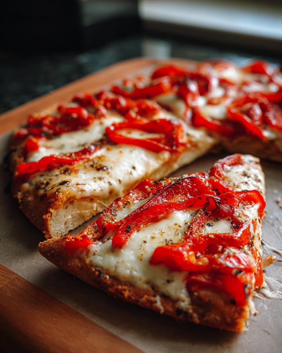 A slice of Gebratene Paprika mit Mozzarella, showcasing roasted peppers and melted mozzarella cheese.