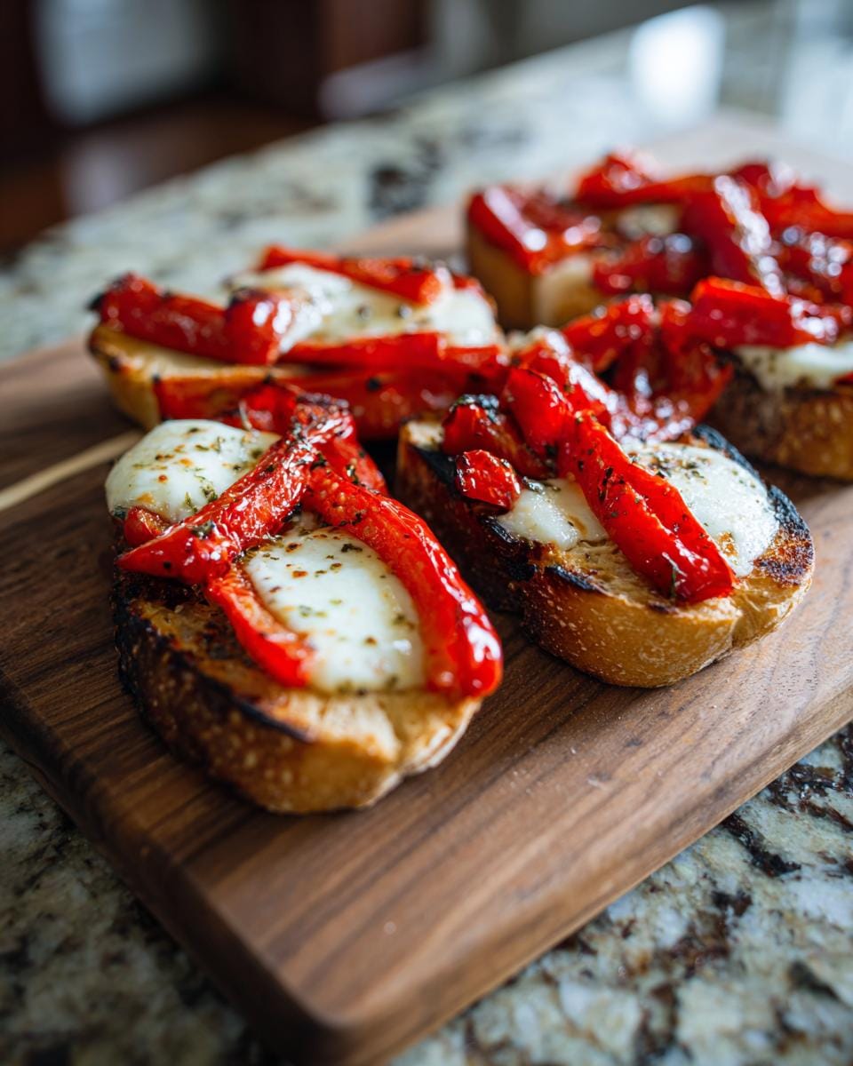 Toasted bread topped with Gebratene Paprika mit Mozzarella and herbs on a wooden board.