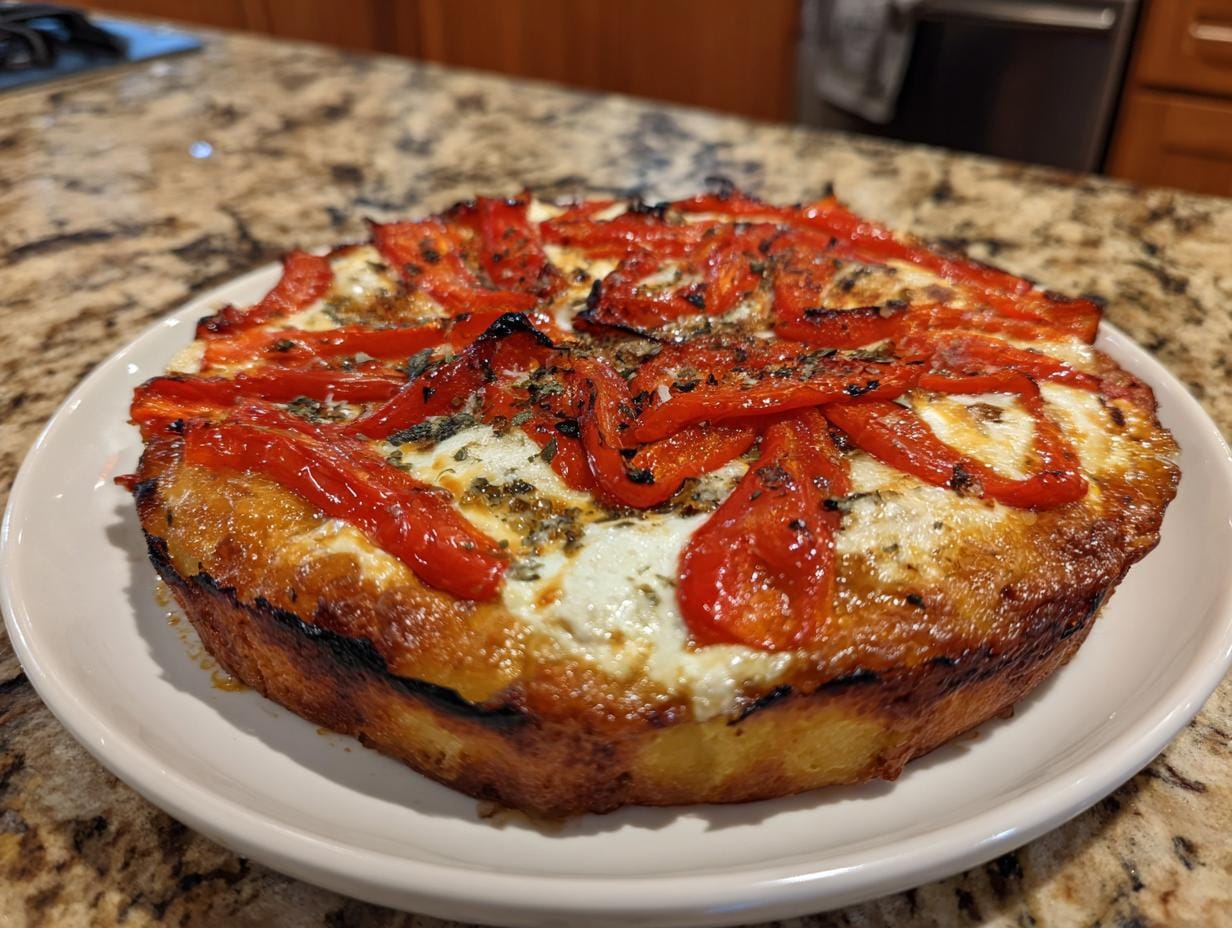 Delicious Gebratene Paprika mit Mozzarella on a white plate, showcasing the roasted peppers and melted mozzarella.