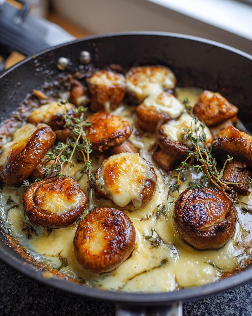 Close-up of Gebratene Pilze mit Camembert und Thymian in a skillet, showcasing melted cheese and fresh thyme.