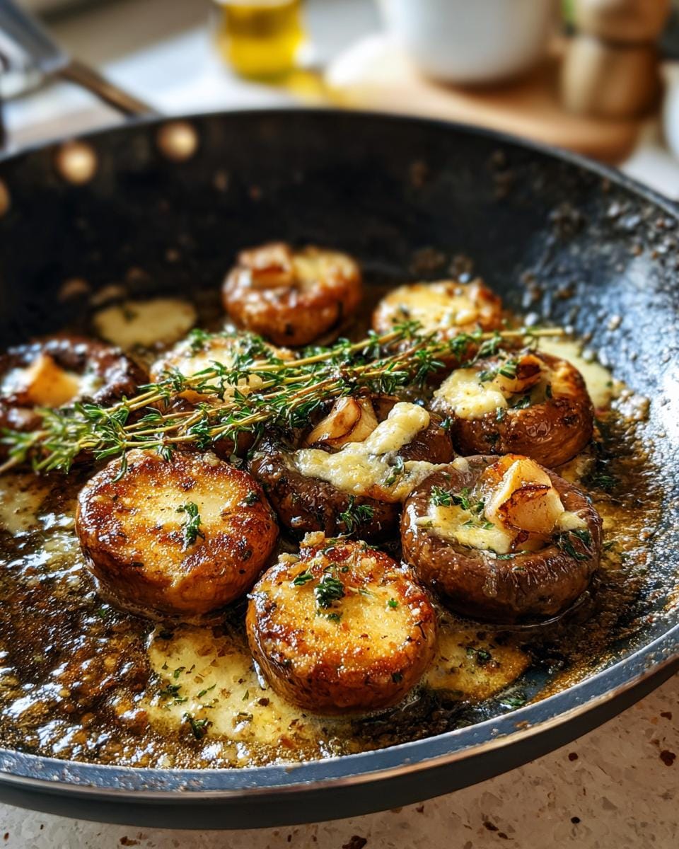 Gebratene Pilze mit Camembert und Thymian in einer Pfanne, garniert mit frischem Thymian.