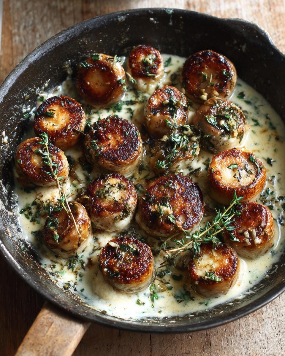 Gebratene Pilze mit Camembert und Thymian in a skillet, garnished with fresh thyme sprigs.