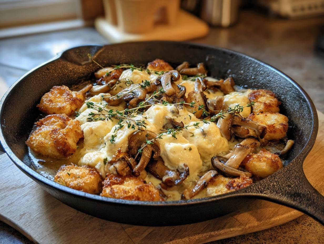 Gebratene Pilze mit Camembert und Thymian, serviert in einer gusseisernen Pfanne, garniert mit frischem Thymian.