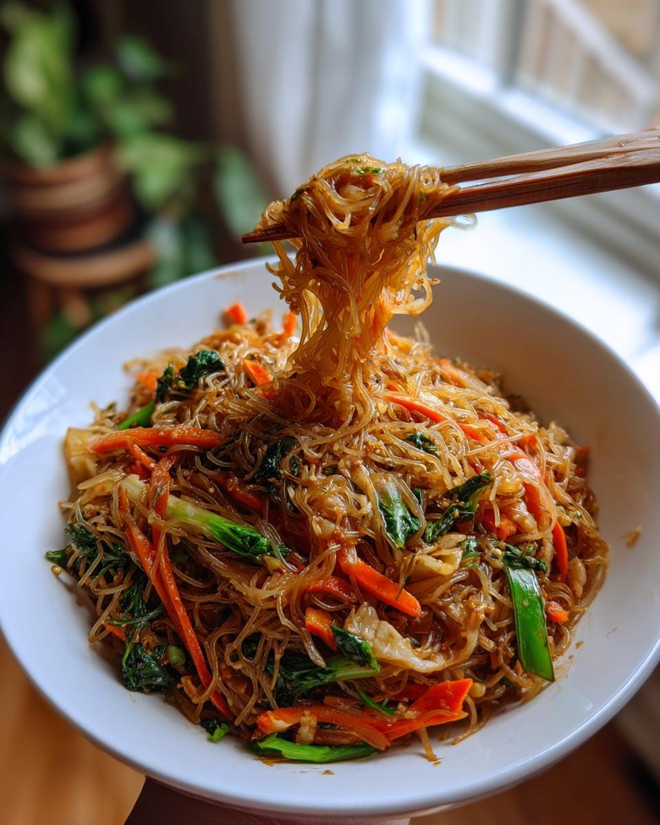 Gebratene Reisnudeln mit Sojasauce in einer weißen Schüssel mit Gemüse, die mit Stäbchen hochgehoben werden.