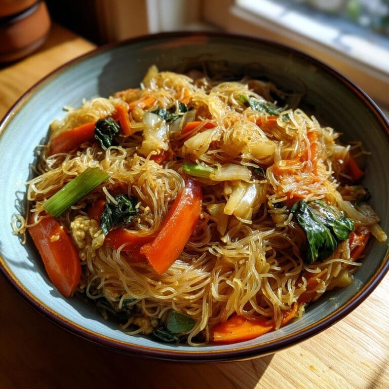 Close-up of Gebratene Reisnudeln mit Sojasauce in a bowl, featuring rice noodles, carrots, and greens.
