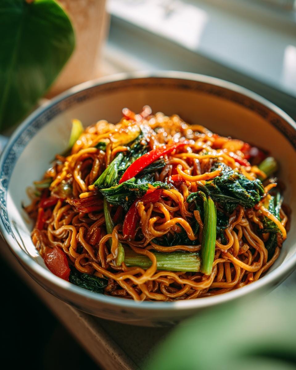 Close-up of Gebratene Reisnudeln mit Sojasauce in einer Schüssel, mit Gemüse und Soße.