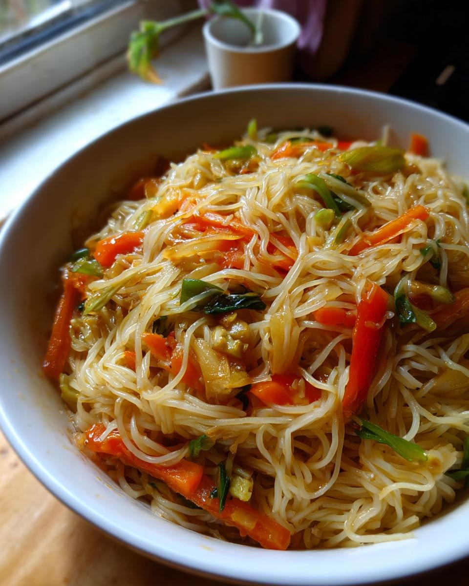 Close-up of Gebratene Reisnudeln mit Sojasauce in a white bowl, featuring rice noodles, carrots, and green vegetables.