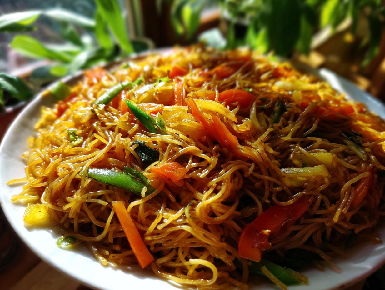 Close-up of Gebratene Reisnudeln mit Sojasauce, featuring rice noodles, vegetables, and soy sauce.