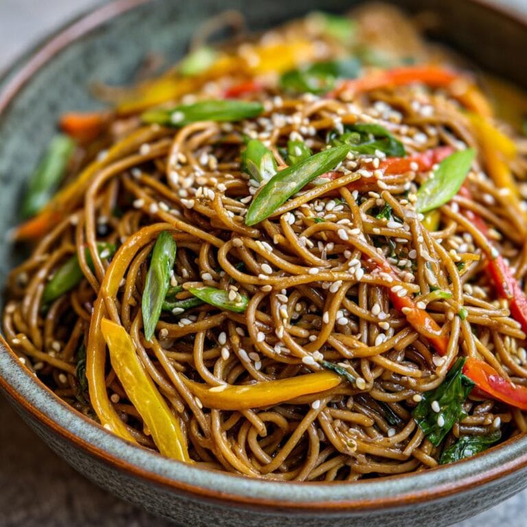 Nahaufnahme von Gebratene Soba Nudeln mit Sesam, serviert in einer Schüssel mit Gemüse und Frühlingszwiebeln.