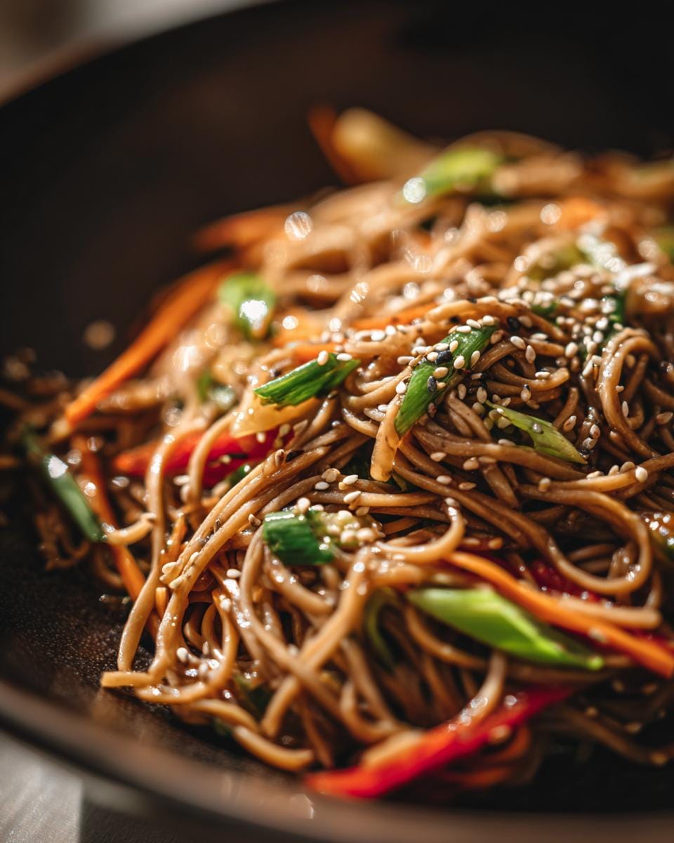 Nahaufnahme von Gebratene Soba Nudeln mit Sesam, Gemüse und Frühlingszwiebeln in einer Schüssel.