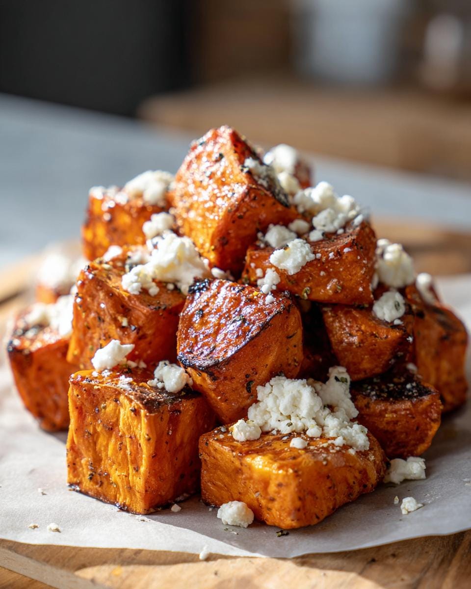 Nahaufnahme von Gebratene Süßkartoffeln mit Ziegenkäse Würfeln auf einem Holzbrett.