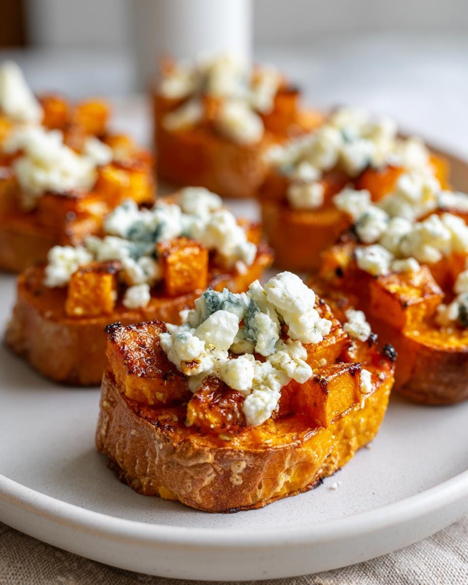 Close-up of Gebratene Süßkartoffeln mit Ziegenkäse, featuring roasted sweet potato bites topped with goat cheese on a plate.