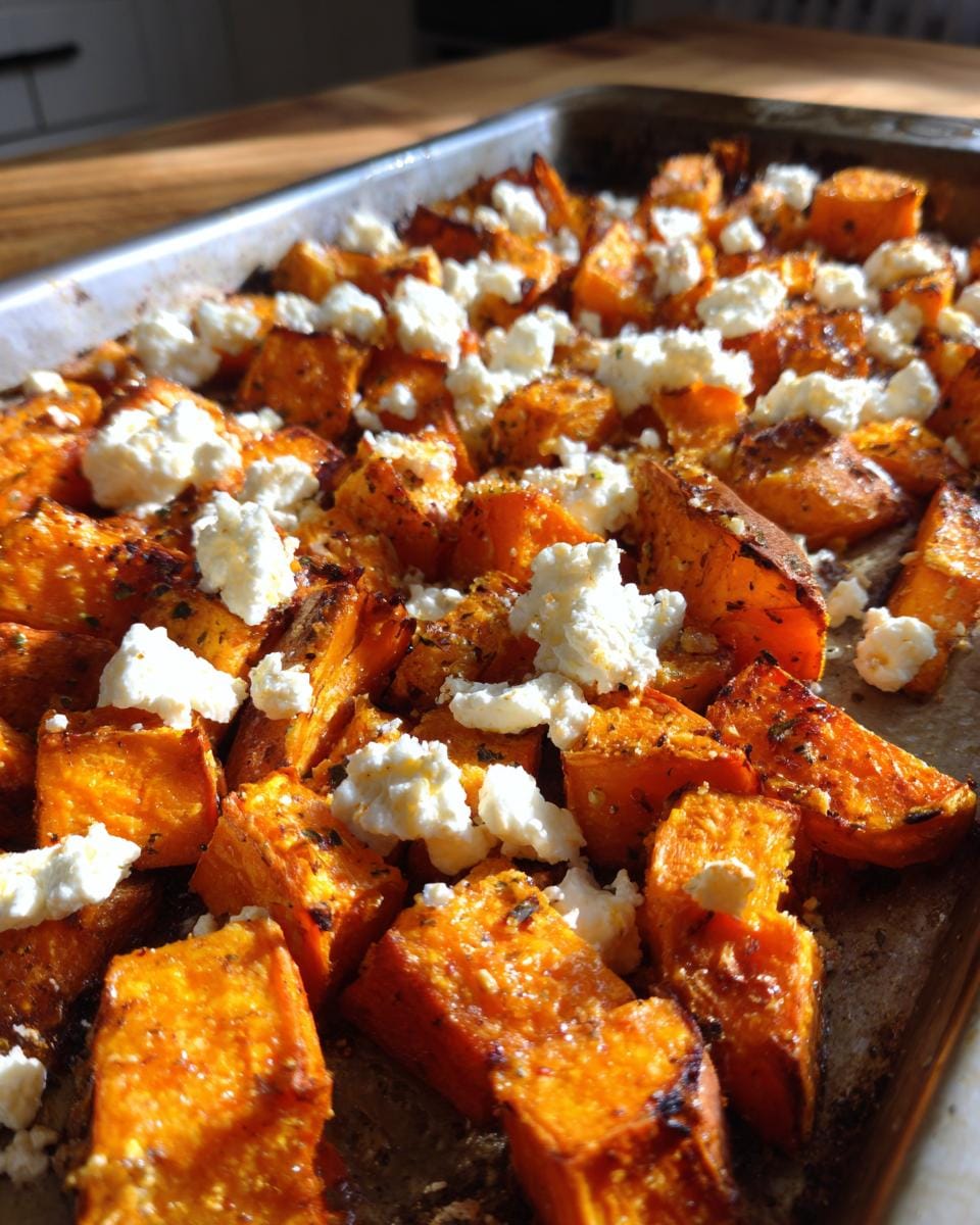 Roasted sweet potatoes with goat cheese (Gebratene Süßkartoffeln mit Ziegenkäse) on a baking sheet, ready to serve.