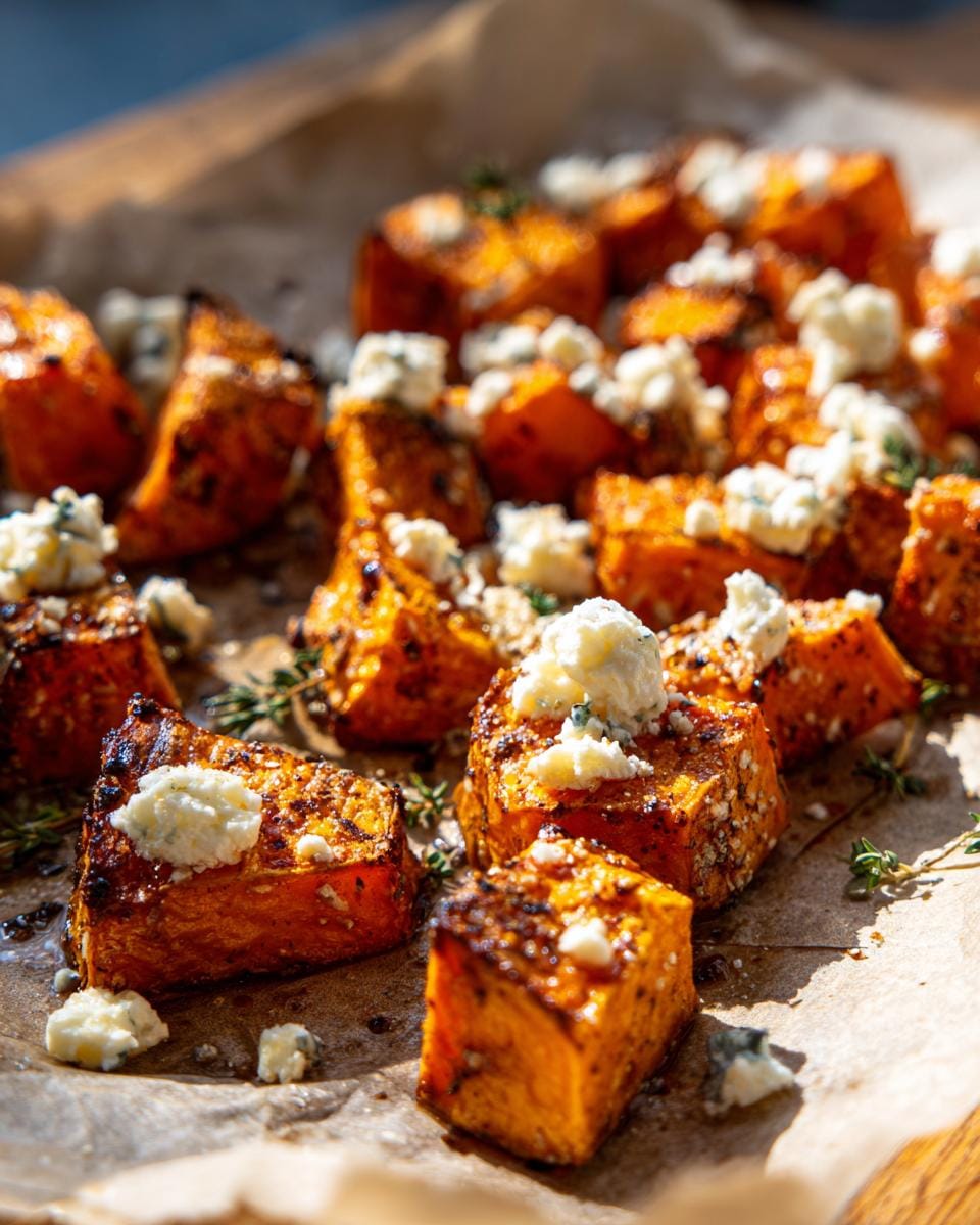 Close-up of Gebratene Süßkartoffeln mit Ziegenkäse (roasted sweet potatoes with goat cheese) on parchment paper.
