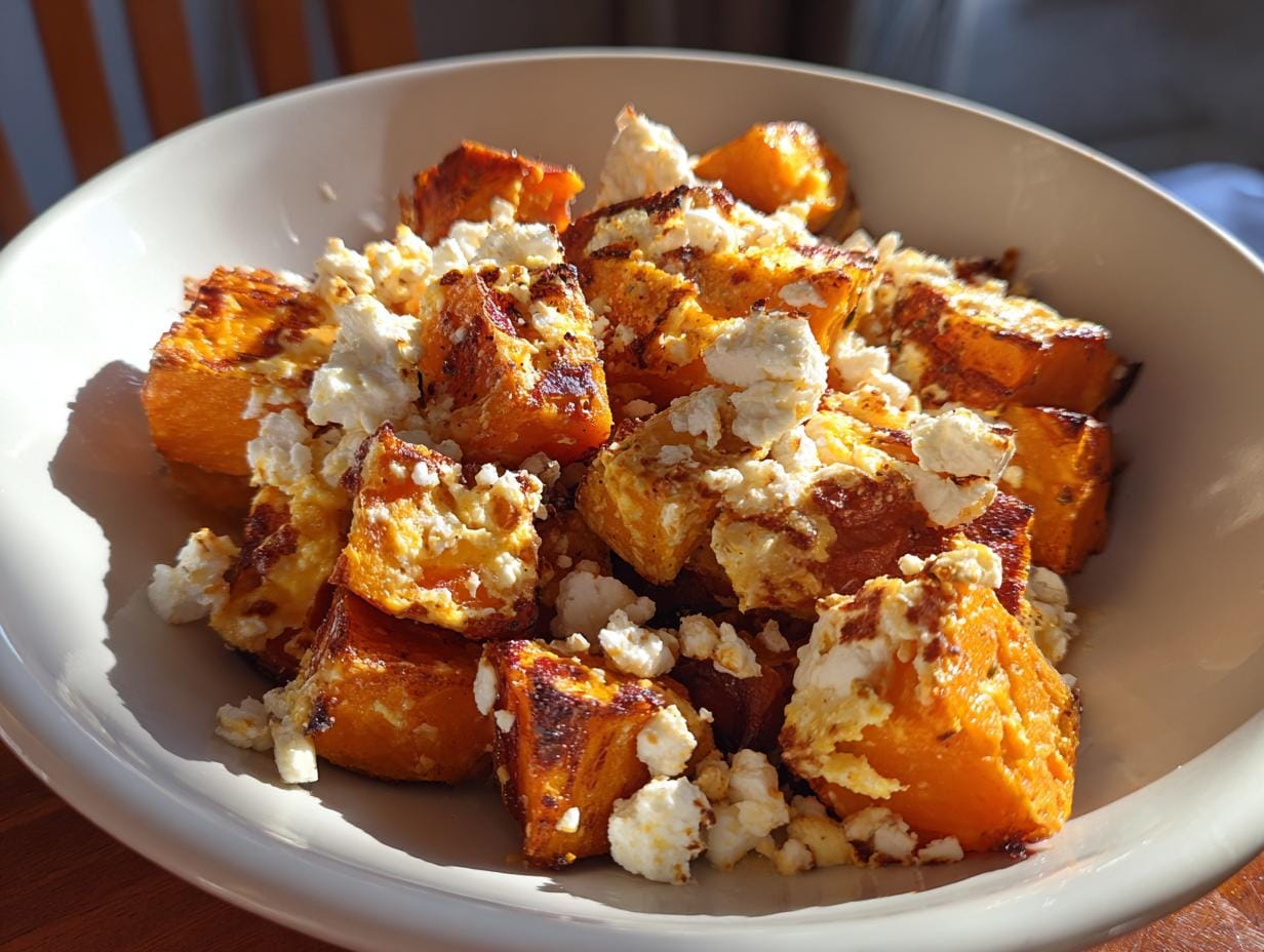 Close-up of Gebratene Süßkartoffeln mit Ziegenkäse in a white bowl, showing roasted sweet potatoes and crumbled goat cheese.