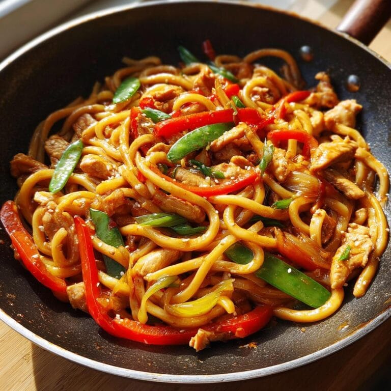 Gebratene Udon Nudeln mit Huhn, Paprika und Erbsen in einer schwarzen Pfanne serviert.