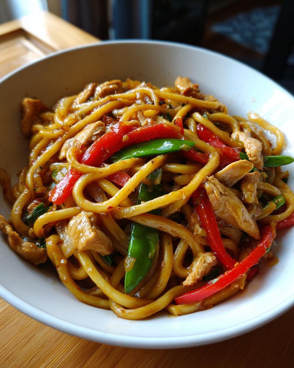 Close-up of Gebratene Udon Nudeln mit Huhn, garnished with red peppers and snow peas in a white bowl.