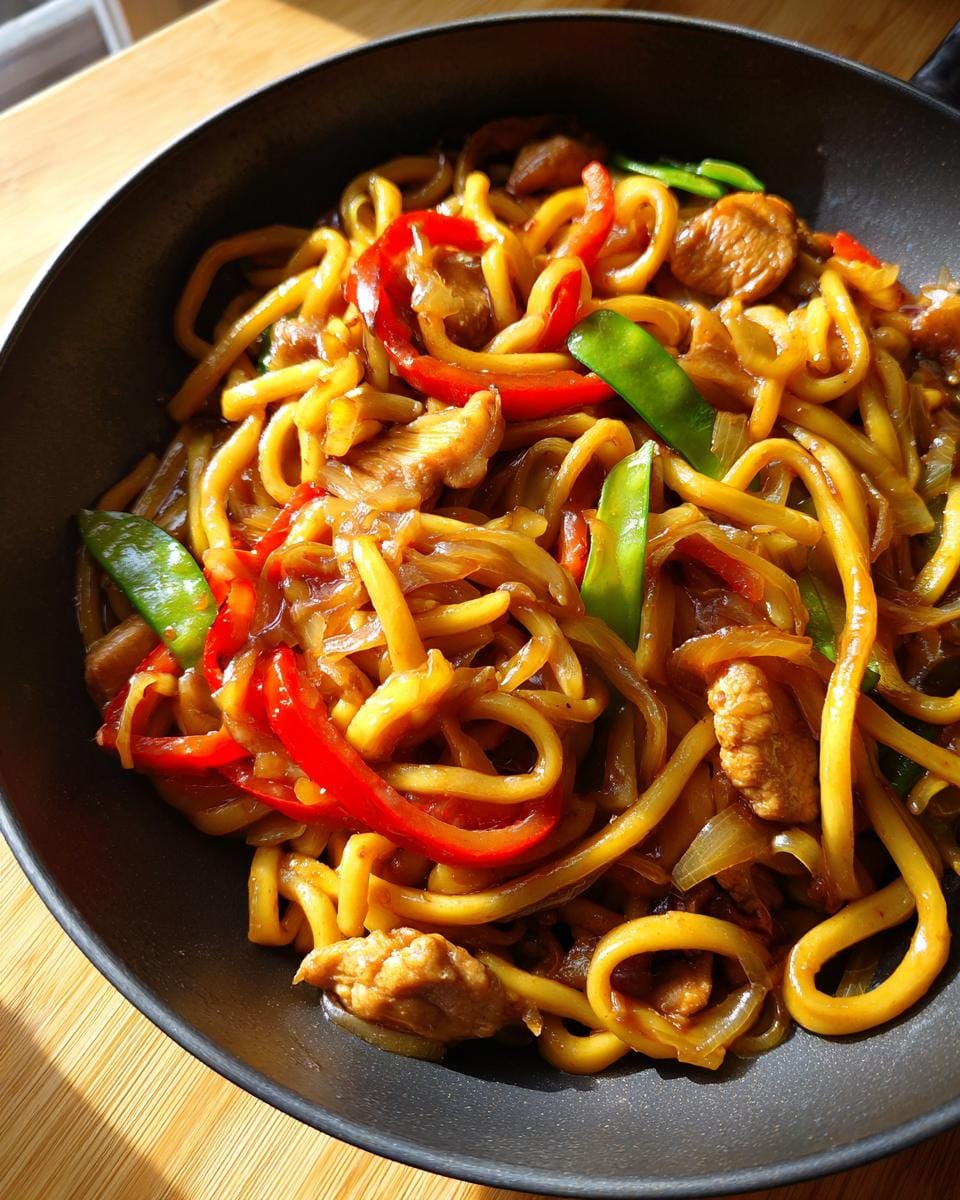 Nahaufnahme von Gebratene Udon Nudeln mit Huhn, Paprika und Zuckerschoten in einer schwarzen Pfanne.