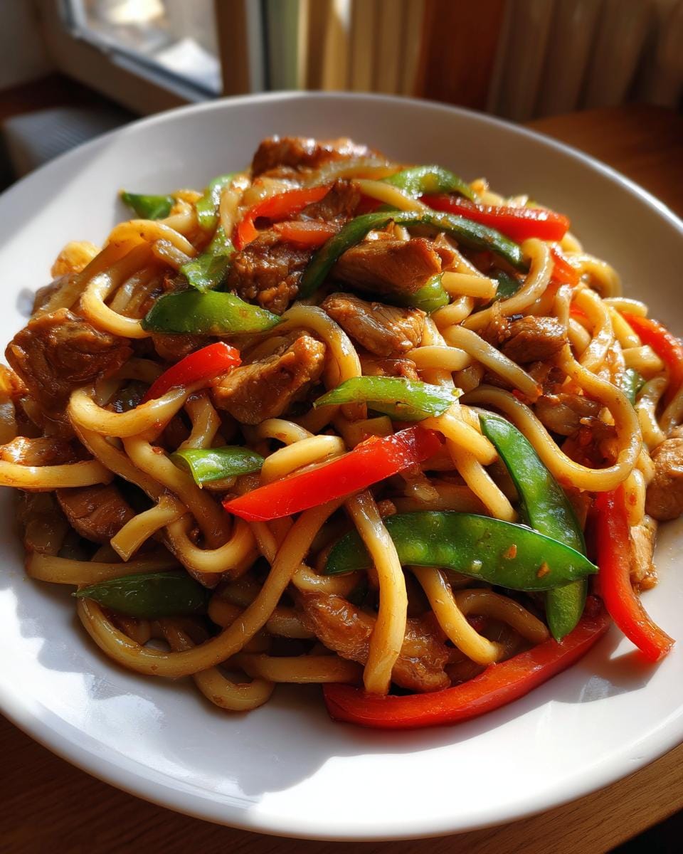 Teller mit Gebratene Udon Nudeln mit Huhn, Paprika und Erbsen. Nahaufnahme.