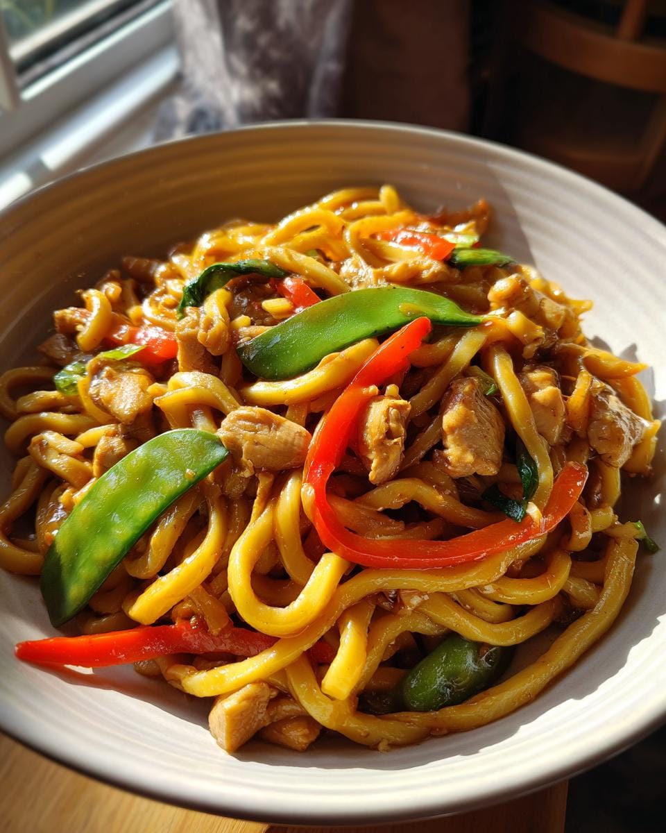 Close-up of Gebratene Udon Nudeln mit Huhn, featuring chicken, udon noodles, red peppers, and snow peas.