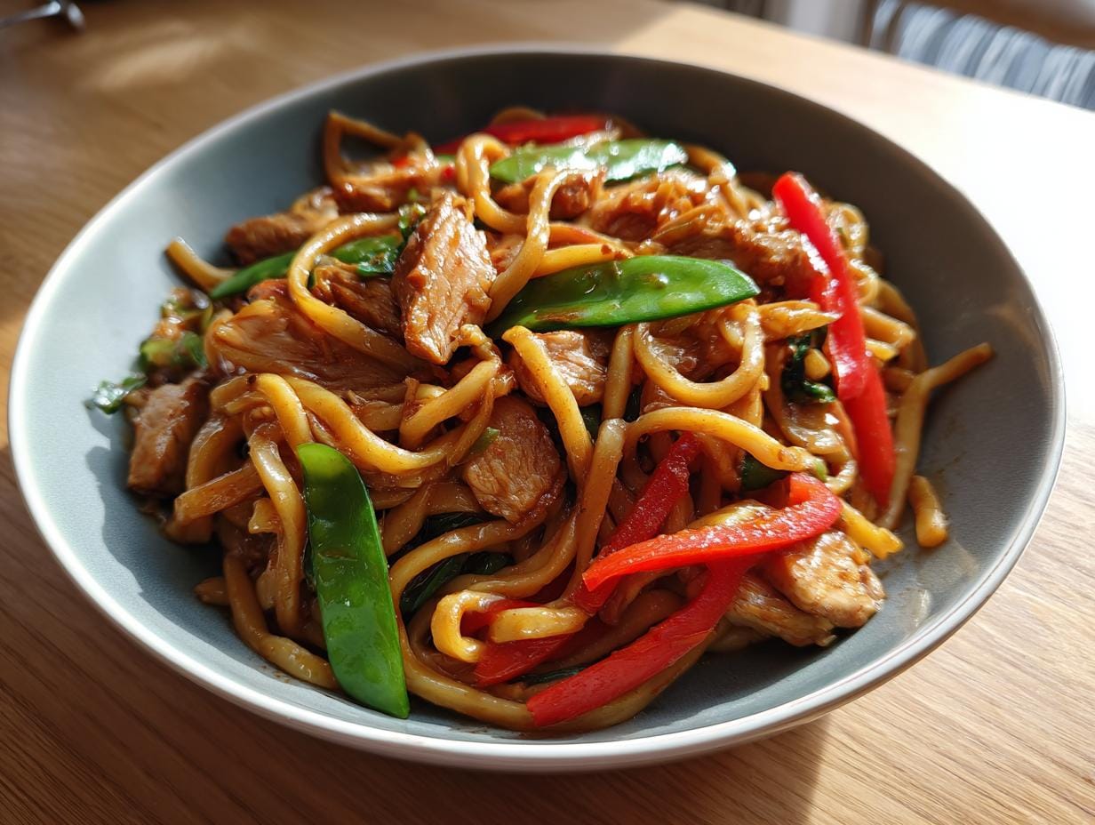 Teller mit Gebratene Udon Nudeln mit Huhn, Paprika und Zuckerschoten. Köstliches Gericht.