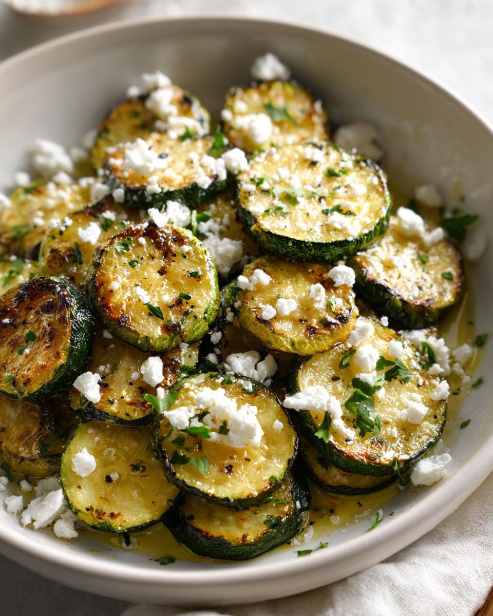 Gebratene Zucchini mit Feta, serviert in einer Schüssel, garniert mit frischer Petersilie.