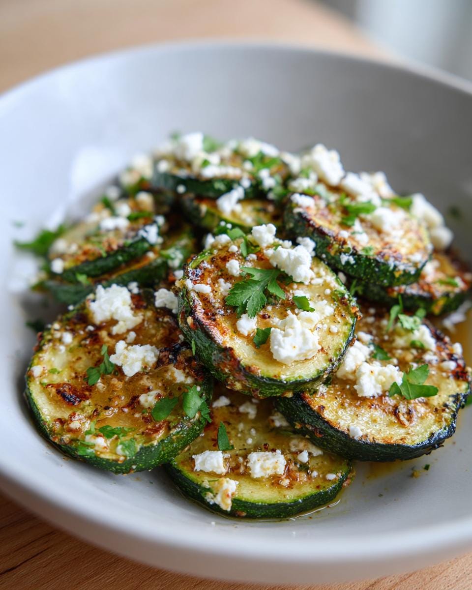 Gebratene Zucchini mit Feta, serviert in einer weißen Schüssel, garniert mit Petersilie.