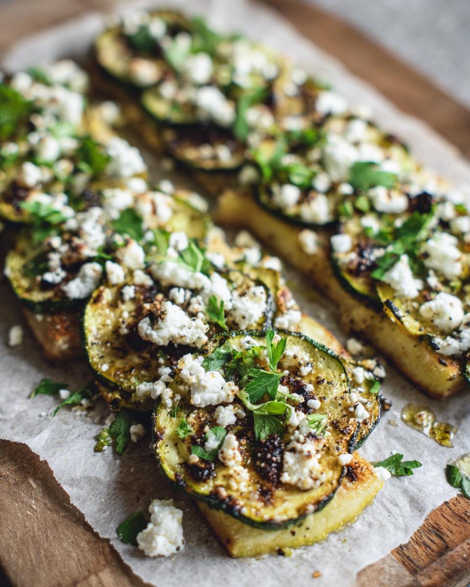 Toasted bread topped with Gebratene Zucchini mit Feta and fresh parsley, served on a wooden board.