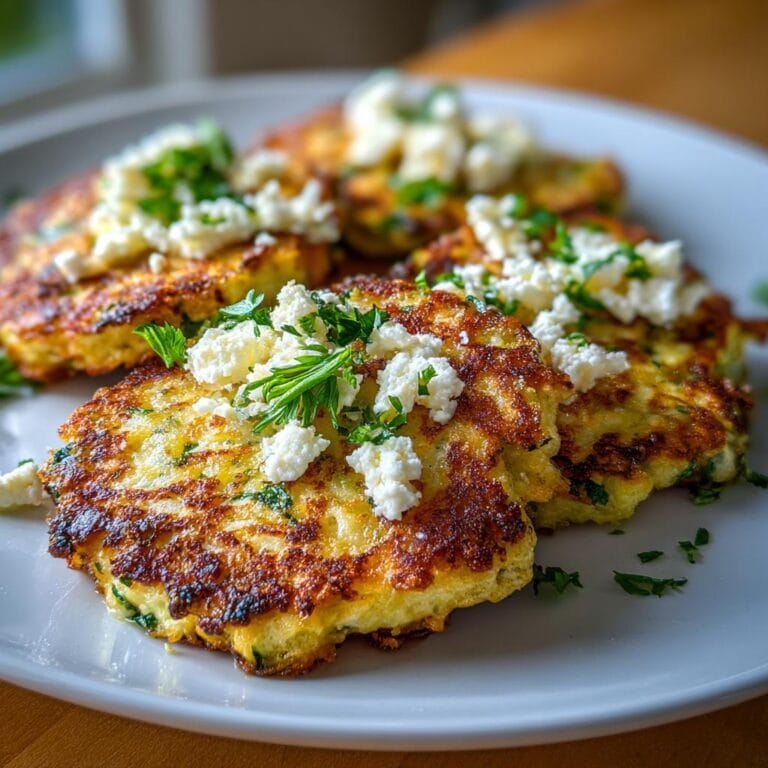 Several Gebratene Zucchini mit Feta fritters stacked on a white plate, garnished with parsley.