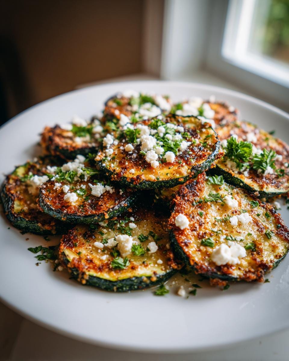 A plate of Gebratene Zucchini mit Feta, garnished with fresh parsley, ready to serve.