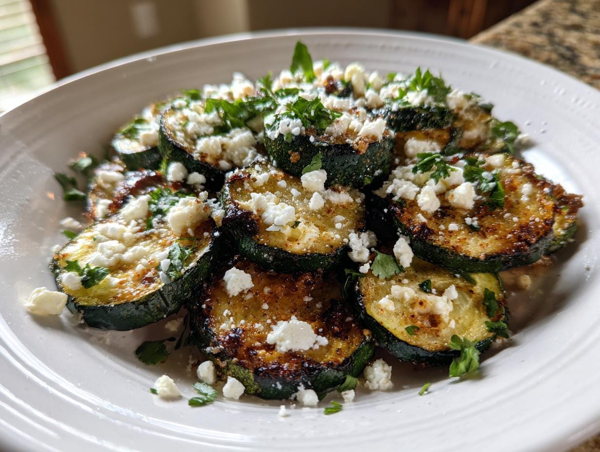 A plate of Gebratene Zucchini mit Feta, garnished with fresh herbs. Delicious and simple recipe.