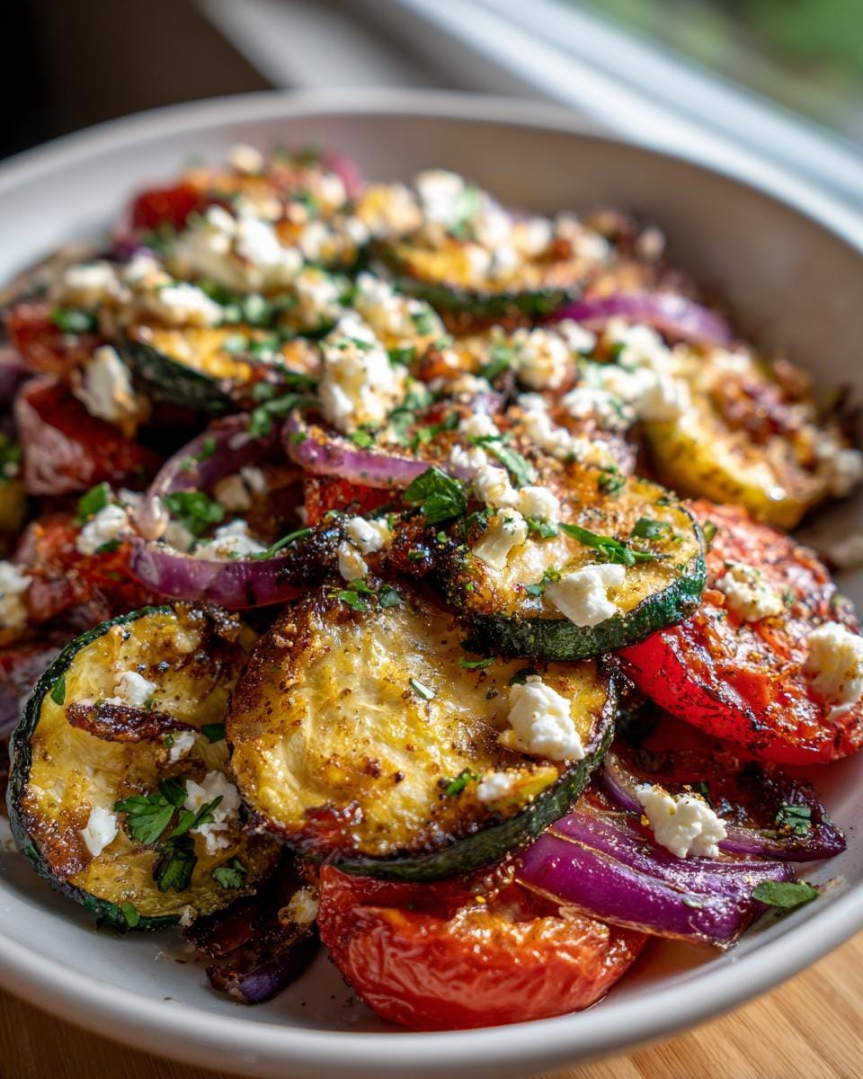 Close-up of Gebratene Zucchini mit Tomaten und Feta, showing zucchini, tomatoes, feta, and red onion.