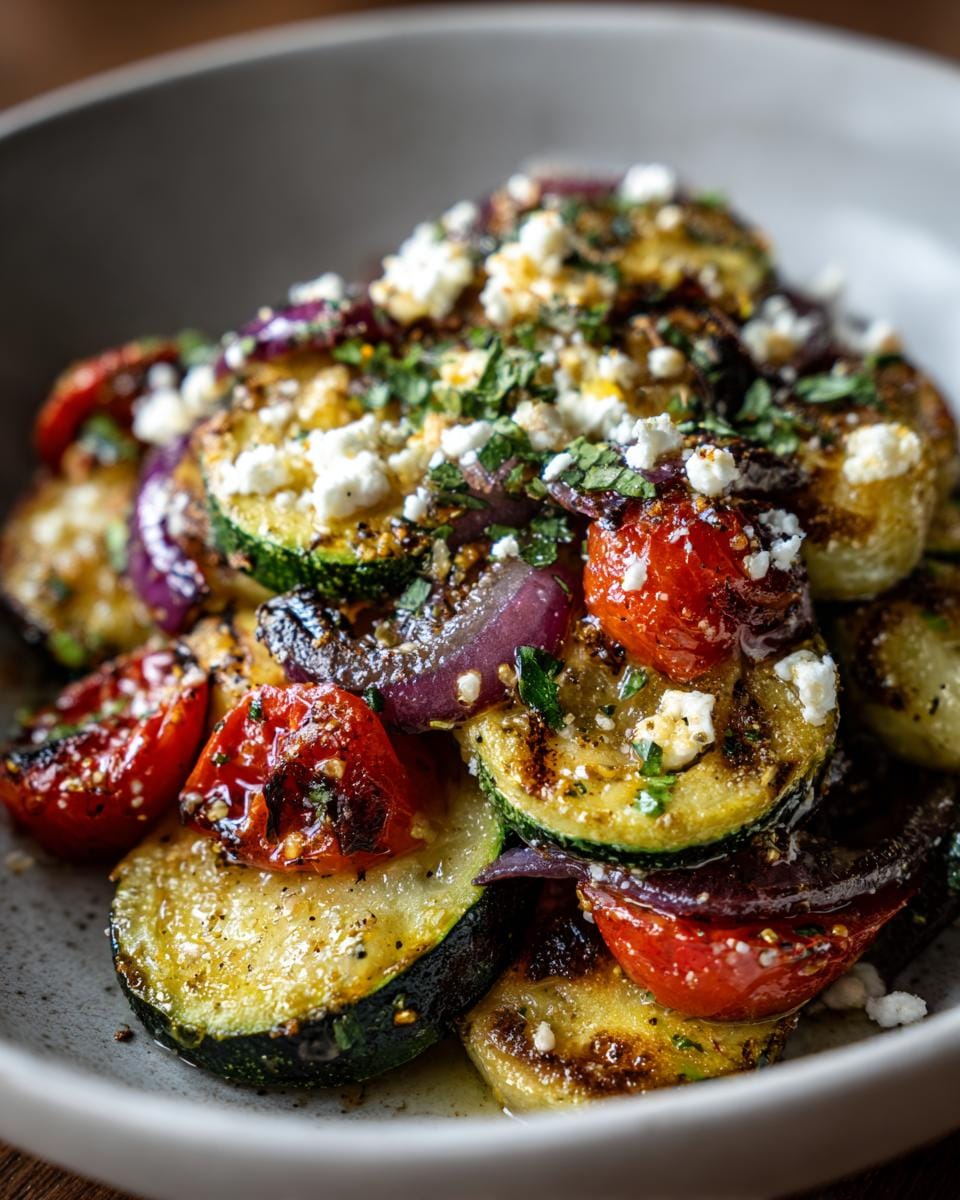 Close-up of Gebratene Zucchini mit Tomaten und Feta, featuring grilled zucchini, tomatoes, red onion, and feta cheese.