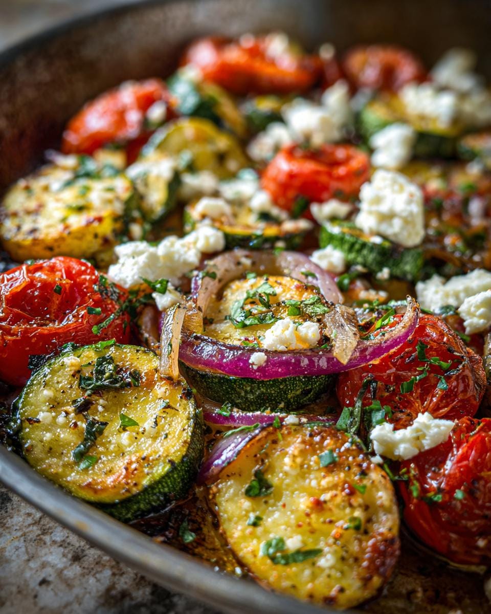 Close-up of Gebratene Zucchini mit Tomaten und Feta, featuring zucchini, tomatoes, feta, and red onions.