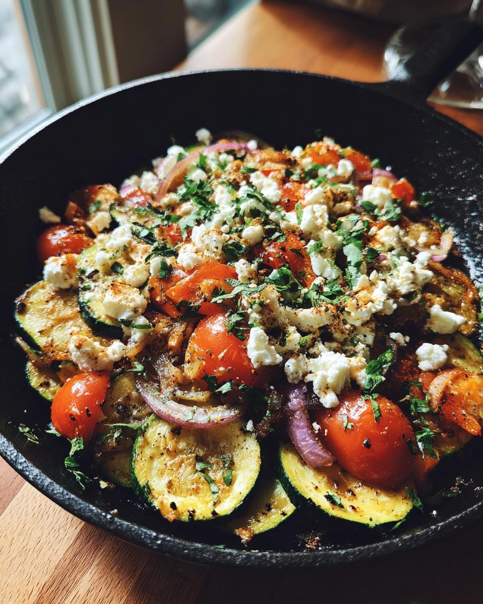Gebratene Zucchini mit Tomaten und Feta, serviert in einer schwarzen Pfanne, garniert mit frischen Kräutern.