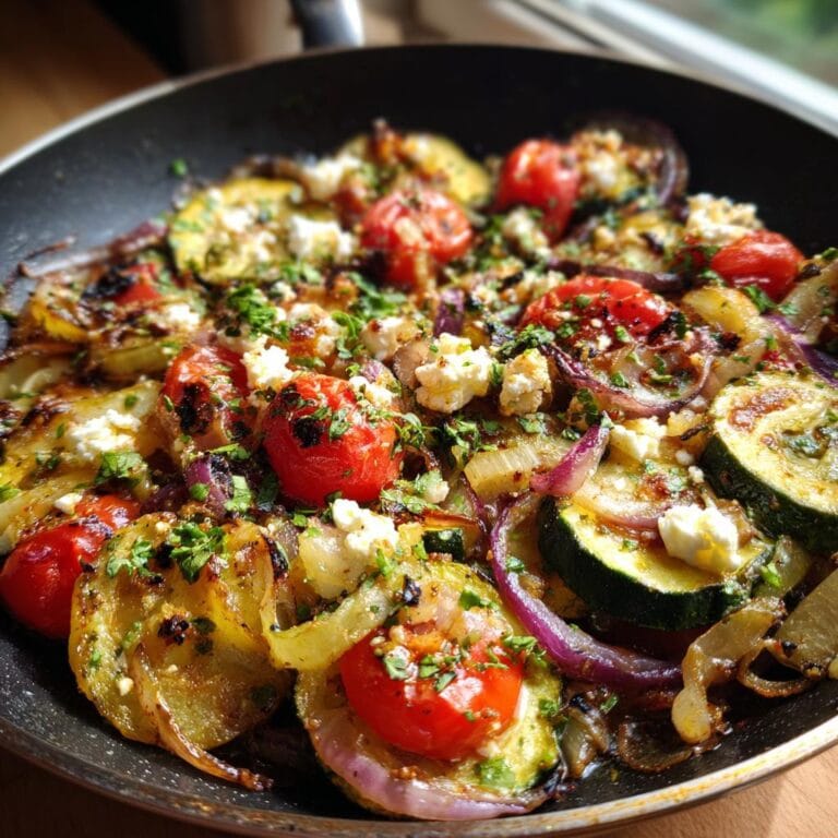 Close-up of Gebratene Zucchini mit Tomaten und Feta in a pan, garnished with fresh herbs.