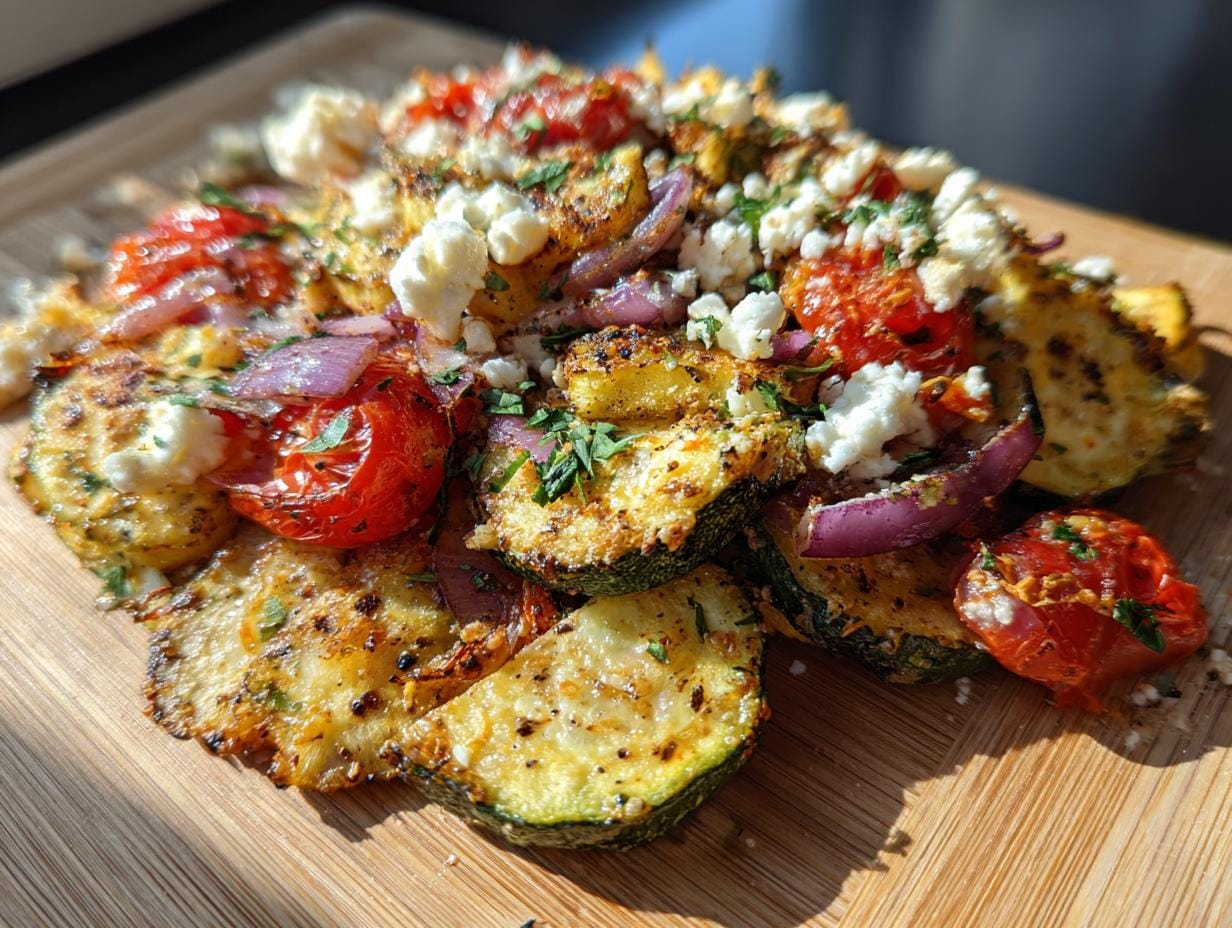 Close-up of Gebratene Zucchini mit Tomaten und Feta, featuring grilled zucchini, tomatoes, red onions, and feta cheese.