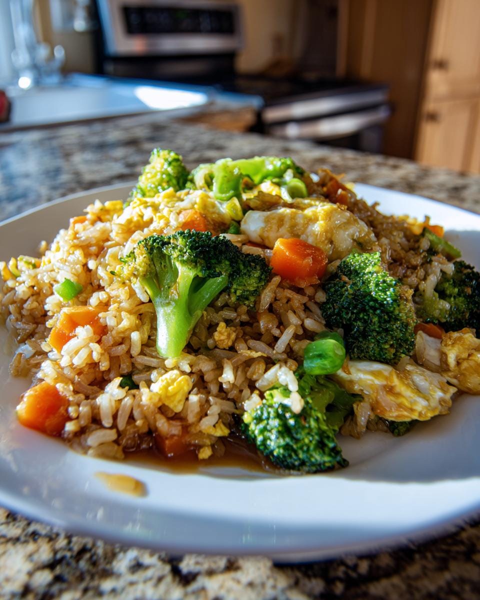 Nahaufnahme von Gebratener Reis mit Gemüse, inklusive Brokkoli, Karotten und Ei, serviert auf einem weißen Teller.