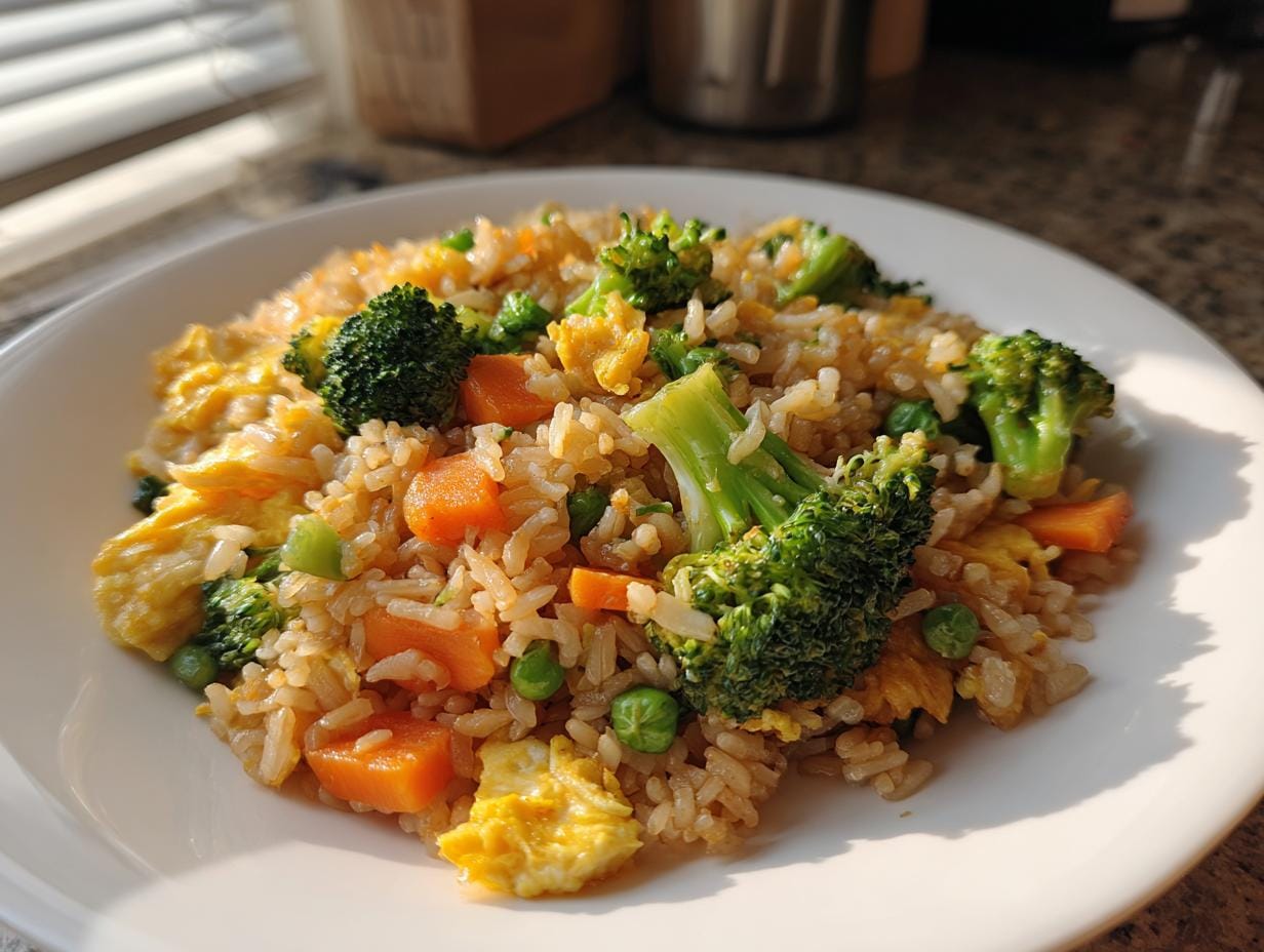 A plate of Gebratener Reis mit Gemüse, featuring rice, broccoli, carrots, peas, and egg.