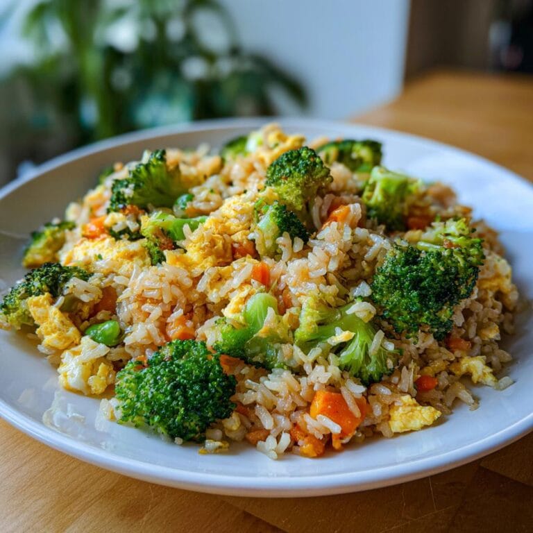 A plate of Gebratener Reis mit Gemüse, featuring rice, broccoli, carrots, and scrambled egg.