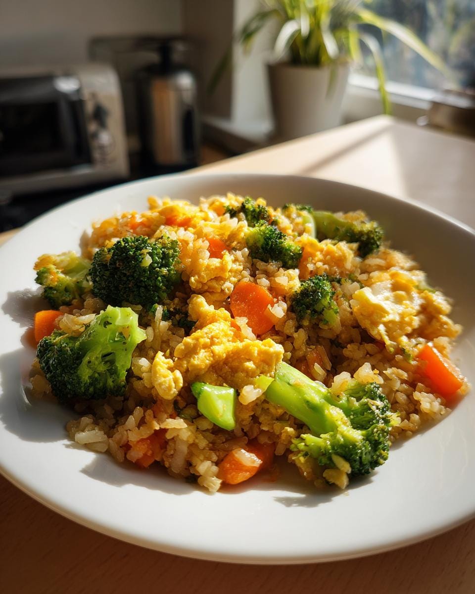 A plate of Gebratener Reis mit Gemüse featuring rice, broccoli, carrots, and scrambled eggs, in natural light.