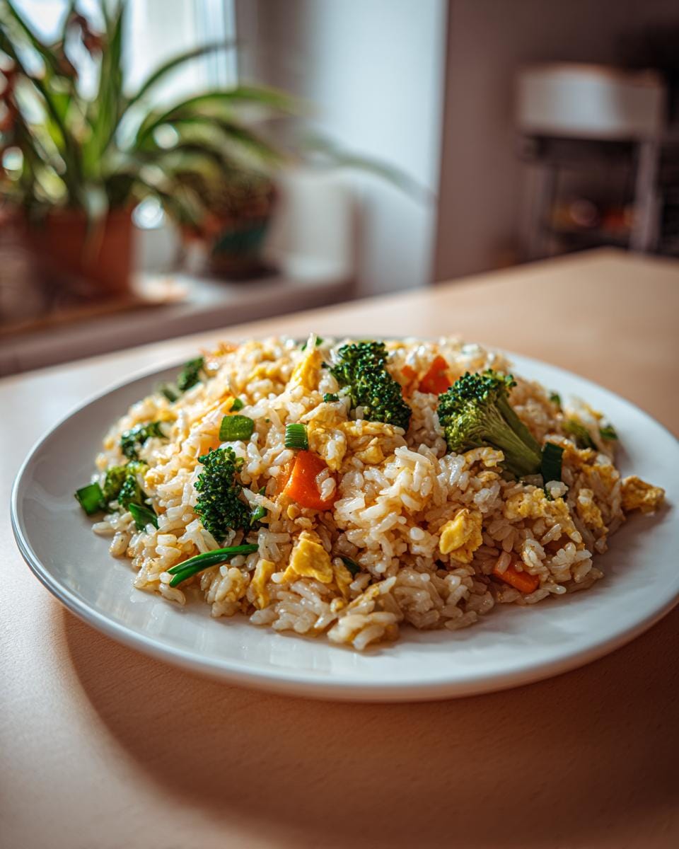 Teller mit Gebratener Reis mit Gemüse, inklusive Brokkoli, Karotten und Ei.